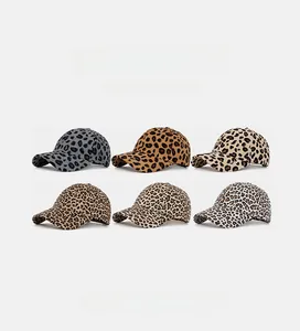 Detailed grid view of leopard print corduroy baseball caps in six assorted colors