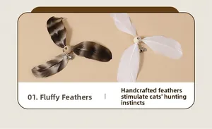 Detail of extra long feather cat wand toy with steel wire bell and natural feathers