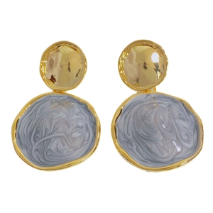 Irregular round golden stud earrings with gray marble resin pendants for women