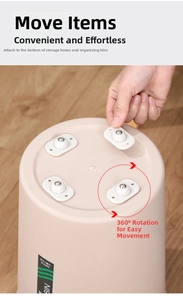 Detail showing self-adhesive 360 degree mini swivel caster wheels on a storage bin