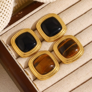 Vintage Square Geometric Stud Earrings For Women Stainless Steel 18K Gold Plated With Tiger Eye Stone And Black Inlay