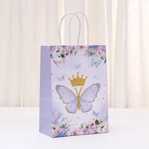 Purple butterfly kraft paper gift bag with handles for party and shopping use