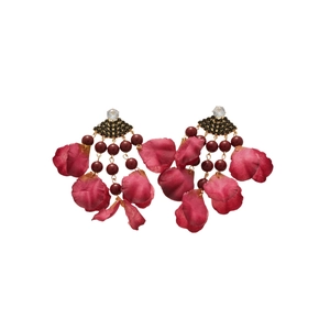 Vintage floral tassel earrings with silver needles, crystals and dark red bead chains