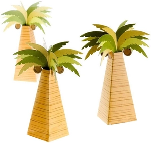 Detailed view of three-piece tropical palm tree gift boxes made of layered cardstock