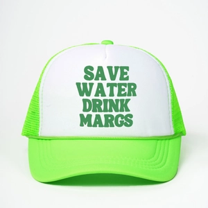 Neon green and white trucker hat with Save Water slogan and breathable mesh paneling