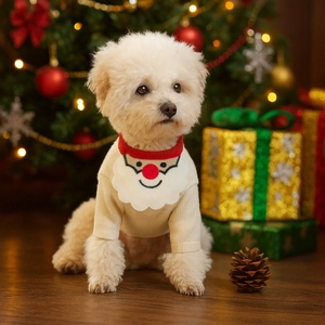 Dog Christmas sweater with Santa beard bib and soft beige knit for holiday season