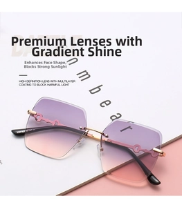 Macro view of rimless square sunglasses with gradient purple lenses and gold metal temples