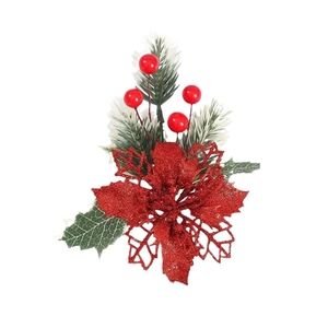 Glittery red poinsettia with berries and snowy pine needles for Christmas DIY decor