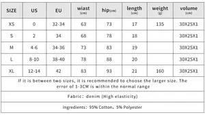 Tabella taglie dettagliata per pantaloncini in denim elasticizzati a vita alta US e UE