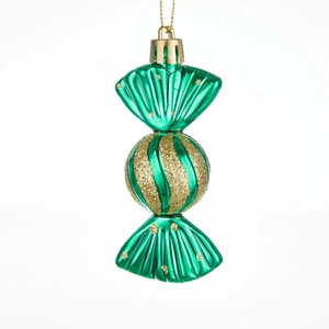 Green and gold glitter candy-shaped Christmas tree ornament with golden hanging string