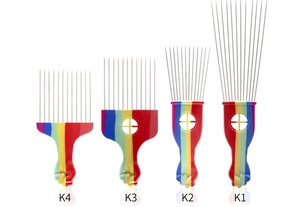 Comparison of professional metal hair picks with rainbow fist handles in K1 to K4 sizes