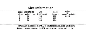 Size chart for satin fishtail skirt showing waist and hip measurements in centimeters