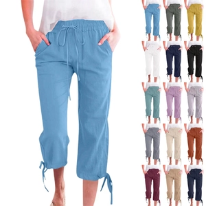 Matrix display of women's linen capri pants showing fifteen colorful variety options