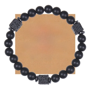 Beaded Bracelet Matte Black Stone Lava Rock Elastic Handmade Greeting Card Gift For Men Son Husband Boyfriend