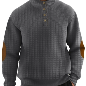 Grey waffle knit pullover for men with stand collar and decorative brown elbow patches