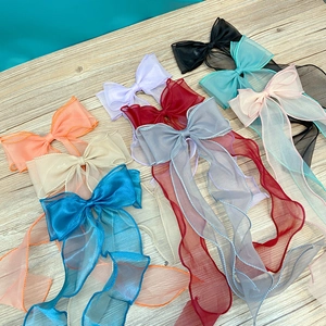 Detailed collection of multi-colored translucent organza ribbon bow hair clips on wood
