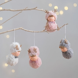 Christmas plush reindeer hanging ornaments in pink, white and gray for festive decoration