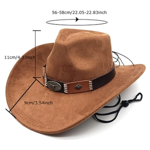 Brown western felt cowboy hat with ethnic bull metal buckle and adjustable chin strap