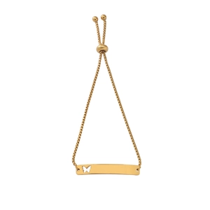 Detail of gold rectangular bar bracelet with butterfly cutout and adjustable slide clasp