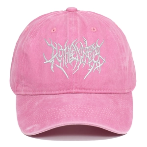 Pink washed cotton baseball cap with gothic embroidery and distressed vintage look