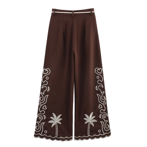 Women's dark brown high-waisted wide leg pants with white palm tree embroidery and rope belt