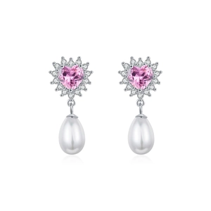 Elegant s925 silver heart earrings with pink gems and hanging white teardrop pearls