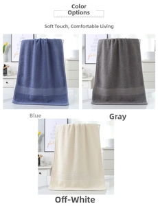 Close-up of thick absorbent cotton towels showing plush texture in blue, gray and white