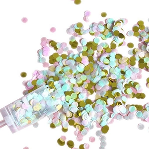 Push-pop confetti container with pink blue and gold foil circles for party celebration