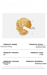 Detailed view of adjustable golden stainless steel ring with hammered texture and 1.7cm size