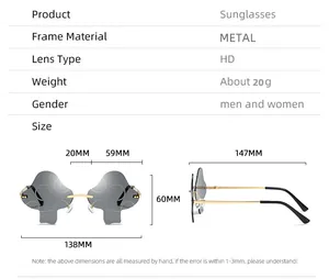 Detailed size chart for cloud shaped metal sunglasses with specific dimensions in mm