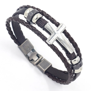 Men's retro multi-layer leather bracelet with silver cross charm and braided cords