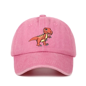 Pink washed cotton baseball cap featuring embroidered T-Rex dinosaur and curved brim