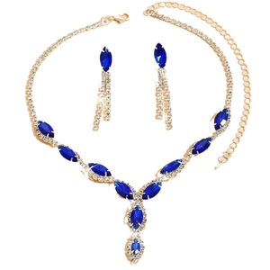 Blue marquise crystal bridal jewelry set with necklace and drop earrings on white