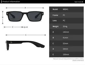 Detailed size specifications for square PC sunglasses featuring frame and lens dimensions