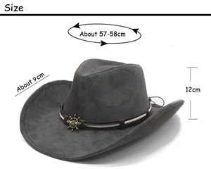 Technical size chart for vintage grey suede cowboy hat with 9cm brim and 12cm height