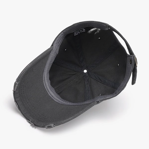 Distressed charcoal cotton baseball cap with washed vintage effect and ripped brim details