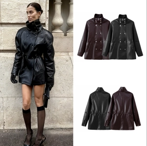 Women Double Breasted PU Leather Jacket Stand Collar Long Sleeve Mid Length Casual Elegant Outerwear Faux Leather Coat