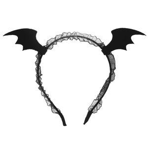 Close-up of Halloween bat wing headband with black lace detailing and felt wings