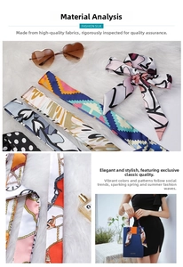 Detail of printed silk-like scarf wrapped on a handbag with fashion accessories