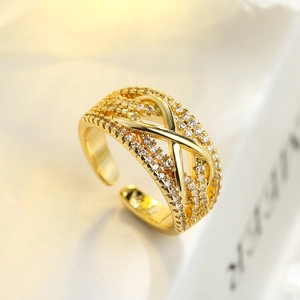 Geometric Adjustable Open Rings For Women Copper Gold Plated Zircon Inlaid Infinity Cross Elegant Jewelry Gifts