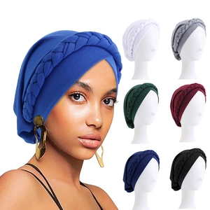 Women Braided Turban Hat Polyester Spandex Elastic Solid Color Chemo Beanie For Hair Loss Boho Style Ethnic Headwrap