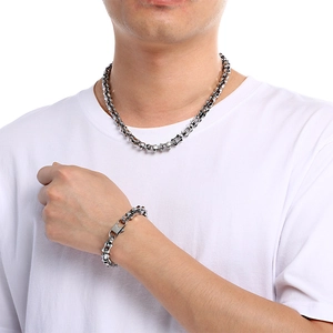 Men's 10mm stainless steel bamboo link chain necklace and bracelet set in silver finish