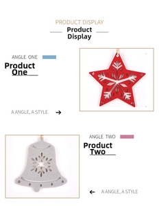Close-up of red star and gray bell felt Christmas tree ornaments with snowflake cutouts