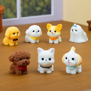 Set of seven creative resin puppy figurines for micro landscape and car dashboard decor