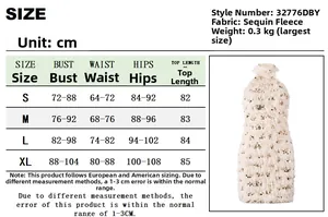 Detaillierte Größentabelle für das rückenfreie Pailletten-Kleid mit allen Maßen in cm