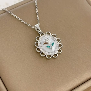 French retro oval rose pendant necklace in silver finish with white enamel and crystals