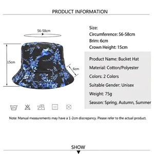 Unisex floral print bucket hat in black with blue patterns and size chart overview