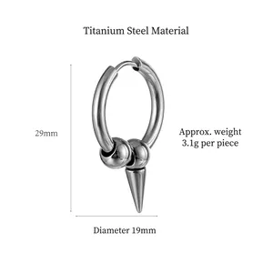 Titanium steel punk hoop earrings with cone pendant, 29mm length and 19mm diameter