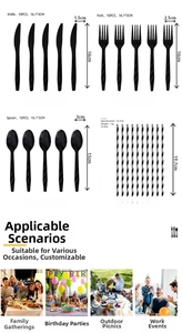Detail of black disposable cutlery and striped paper straws with size measurements