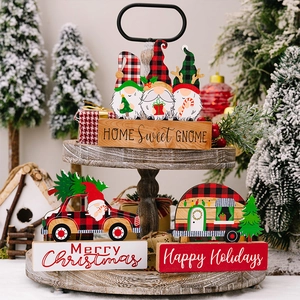 Three-piece wooden Christmas gnome desk decor set featuring merry holiday messages